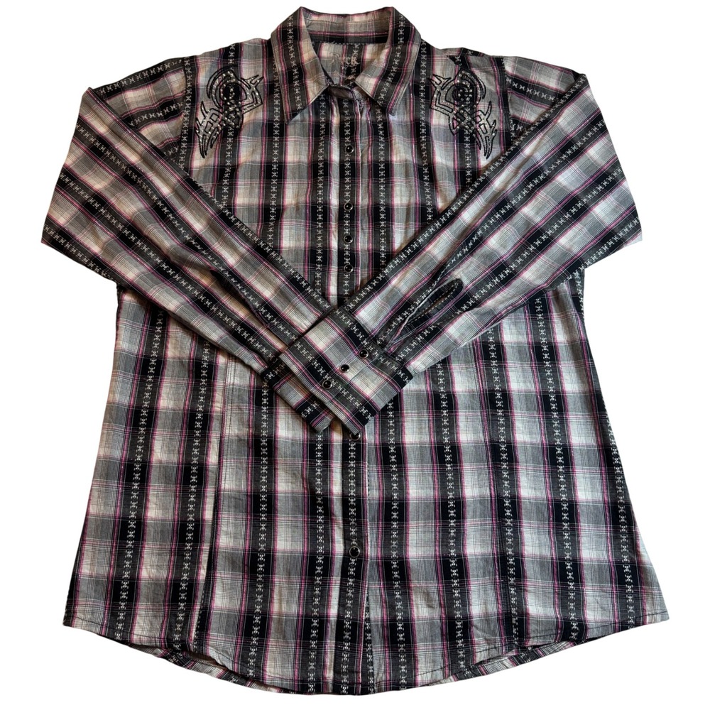 Rock 47 By Wrangler Long Sleeve Pearl Snap Rhinestone Cross Shirt Pink‎ Size L